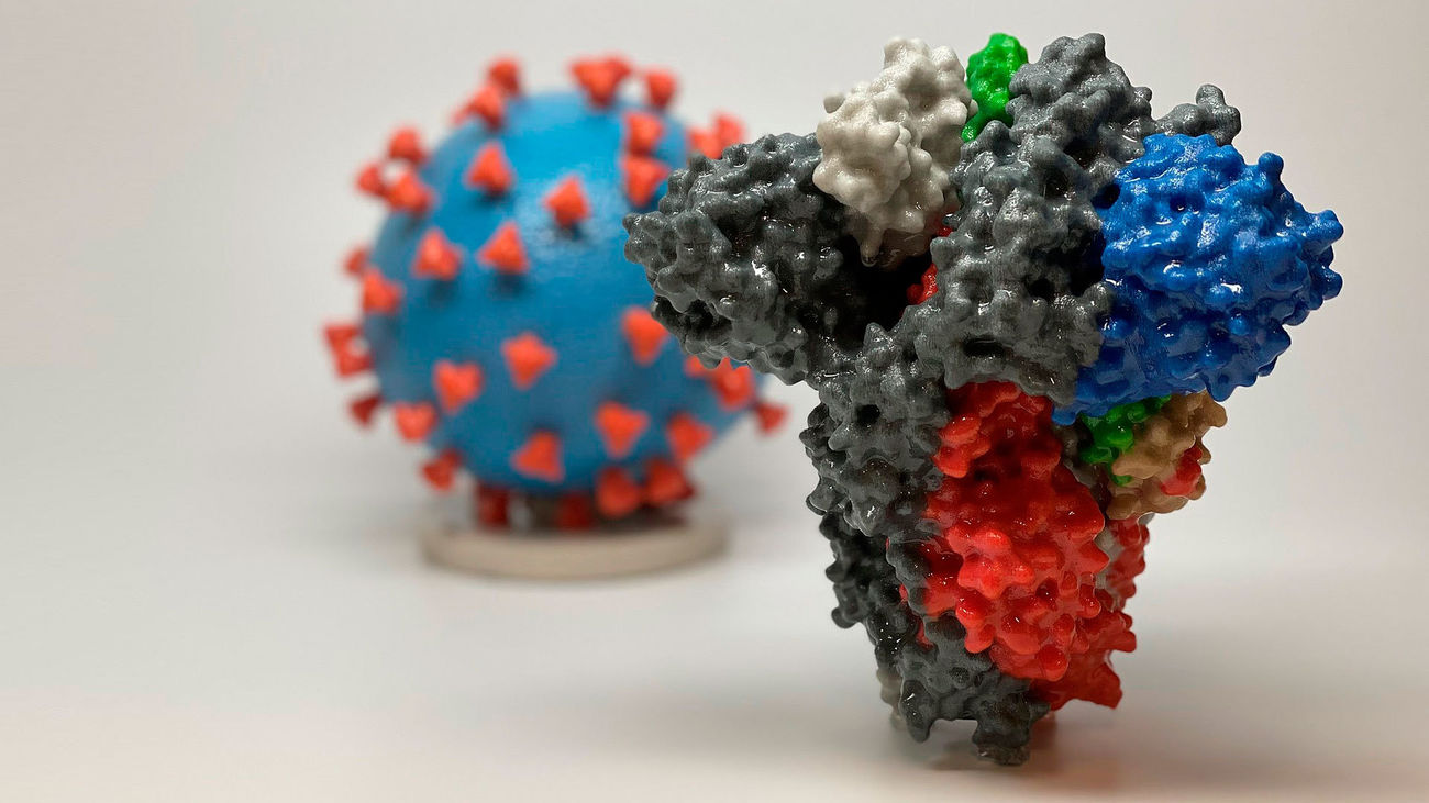 Impresión en 3D  del virus SARS-CoV-2 causante del enfermedad COVID-19 (al fondo), y una posible vacuna con la que Estados Unidos está experimentando en humanos