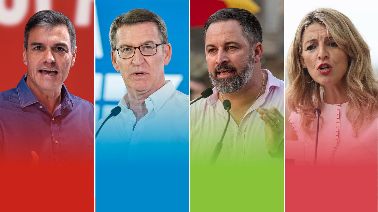 Pedro Sánchez, Alberto Núñez Feijóo, Santiago Abascal y Yolanda Díaz, principales candidatos en las Elecciones Generales 2023