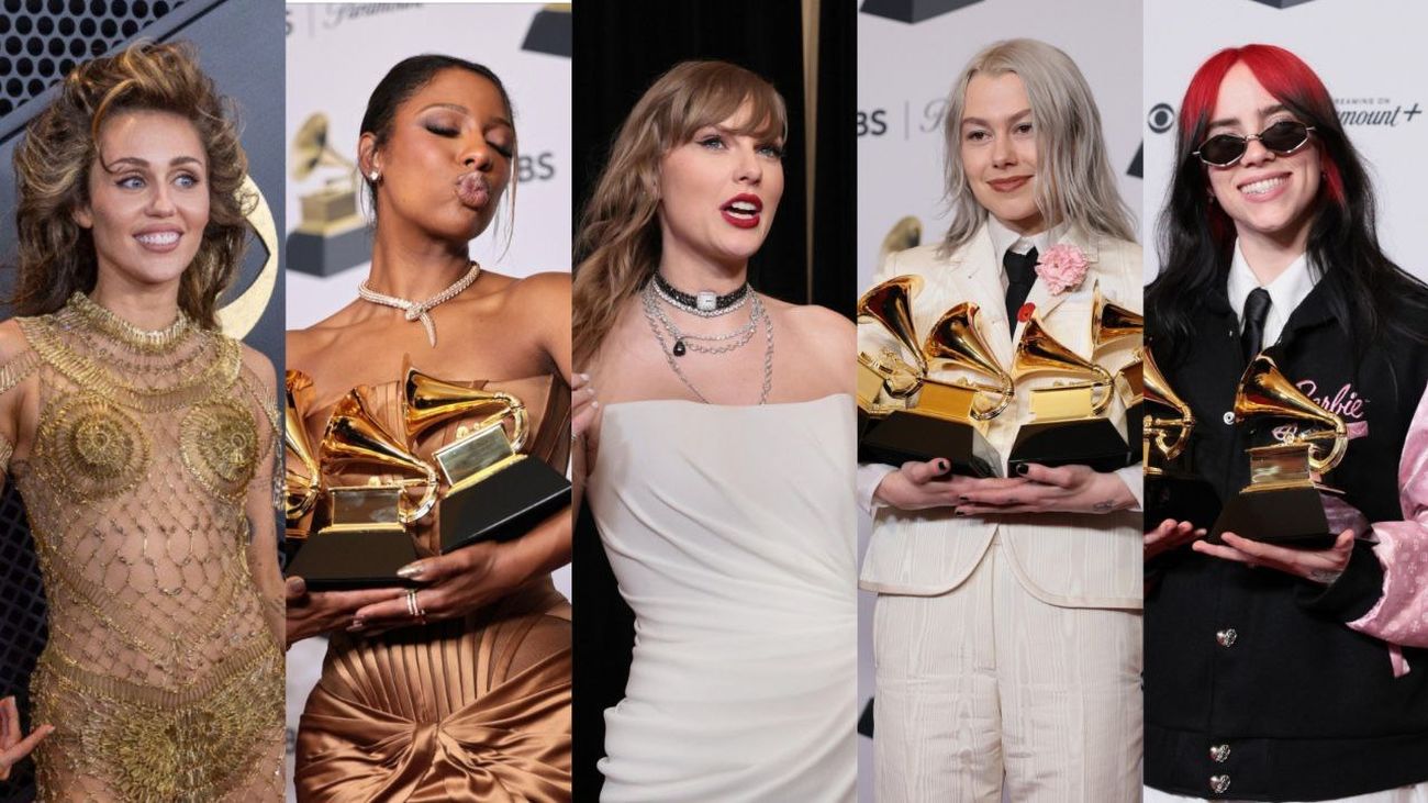 Miley Cyrus, Victoria Monét , Taylor Swift, Phoebe Bridgers y Billie Eilish, ganadoras Grammy 2024