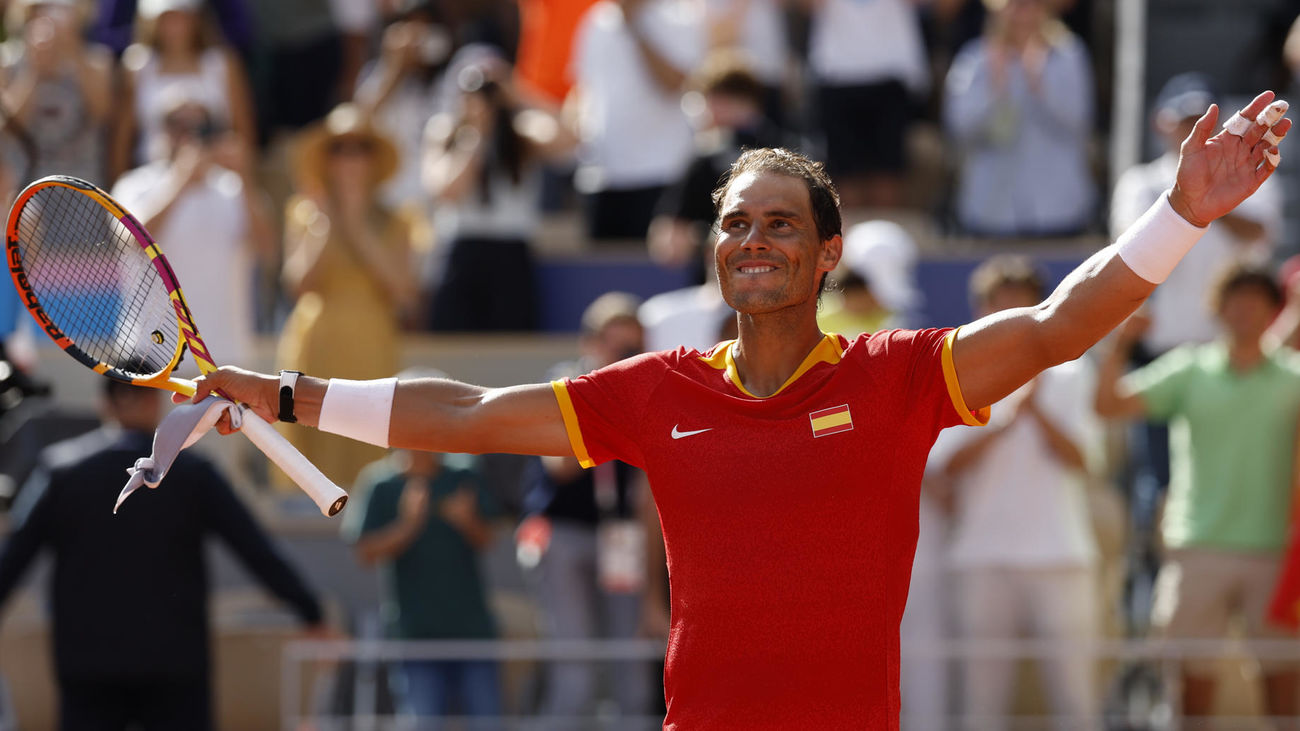 Celebración del tenista español Rafael Nadal tras vencer al húngaro Marton Fucsovics