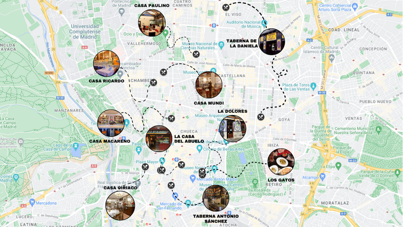 Mapa de tabernas y casas de comidas de Madrid