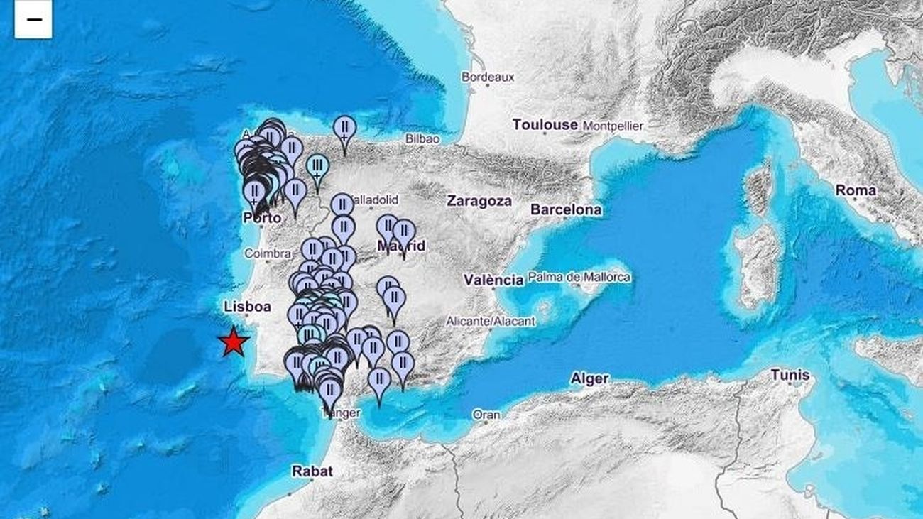 Mapa de intensidades del terremoto registrado al sur de Lisboa.