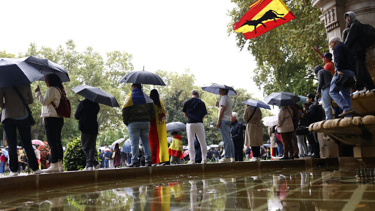 Decenas de de asistentes se protegen de la lluvia durante el desfile del Día de la Fiesta Nacional por el Paseo del Prado de Madrid