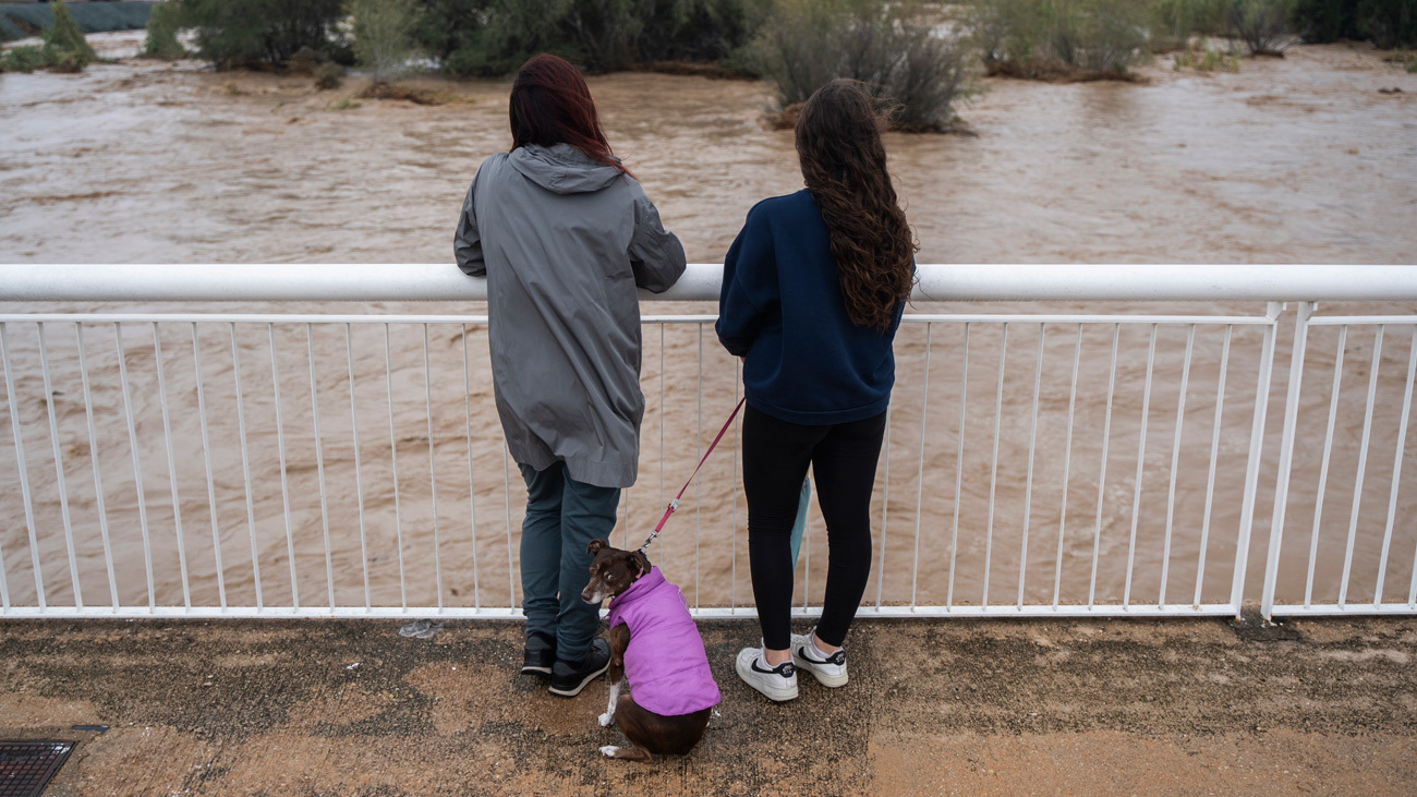 Varias personas observan la crecida del río Magre, a 29 de octubre de 2024, en Alfarp, Valencia, Comunidad Valenciana (España)