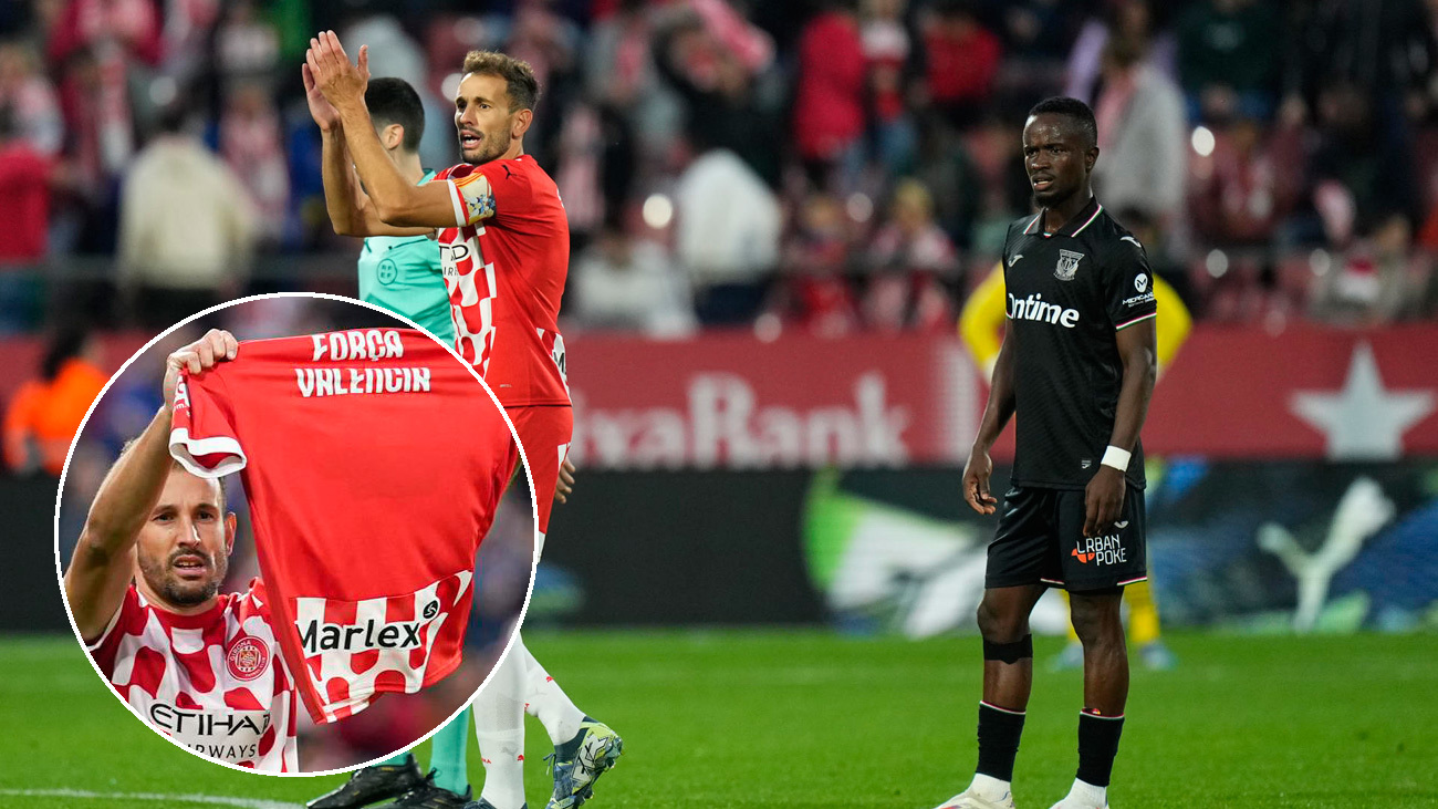 El delantro del Girona Cristhian Stuani (i) dedica su gol a las víctimas de la DANA durante el partido de la 12ª jornada de LaLiga que el Girona y el Leganés