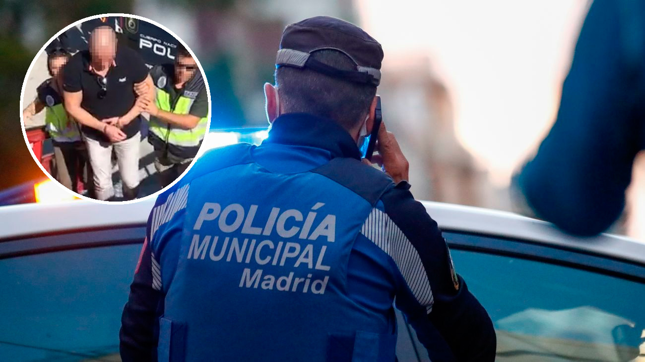 Un policía municipal de Madrid y un fotograma de la detención del Capo Campuzano en 2018 por parte de la Policía Nacional